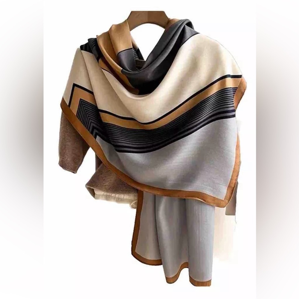 Scarf, Rectangular, 70” By 25”, Color Block, Beige/camel/gray/black, Very Nice!